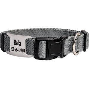 GoTags Adjustable Nameplate Personalized Dog Collar, Light Gray, Medium: 14 to 20-in neck, 3/4-in wide