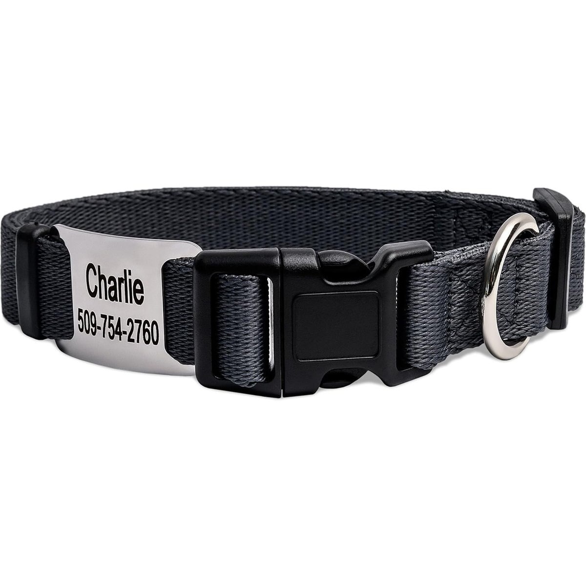 GoTags Adjustable Nameplate Personalized Dog Collar, Charcoal, Large: 18 to 26-in neck, 1-in wide