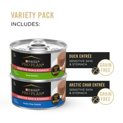 Show full view: Purina Pro Plan Focus Sensitive Skin & Stomach Duck & Arctic Char Variety Pack Canned Cat Food, 3-oz can, case of 24 slide 6 of 14