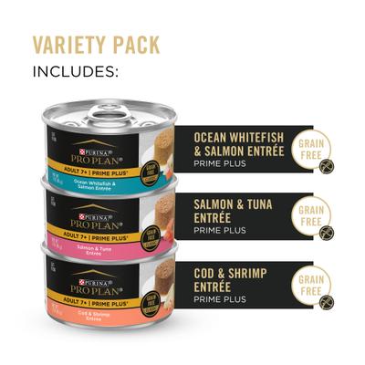 Show full view: Purina Pro Plan Senior Adult 7+ Seafood Favorites Pate Variety Pack Canned Cat Food, 3-oz can, case of 12 slide 6 of 13