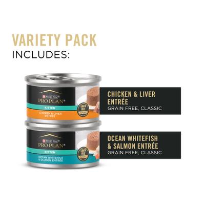 Show full view: Purina Pro Plan Grain-Free Chicken & Liver & Ocean Whitefish & Salmon Variety Pack Wet Kitten Food, 3-oz can, case of 24 slide 6 of 12