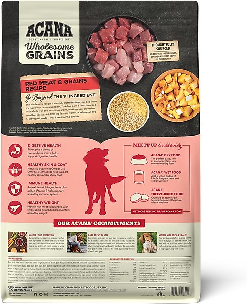 Show full view: ACANA Red Meat & Grains Beef Pork & Lamb Wholesome Grains Dry Dog Food, 4-lb bag slide 3 of 14