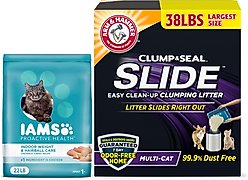 Iams ProActive Health Indoor Weight & Hairball Care Dry Food + Arm & Hammer Litter Slide Multi-Cat Scented Clumping Clay Cat Litter
