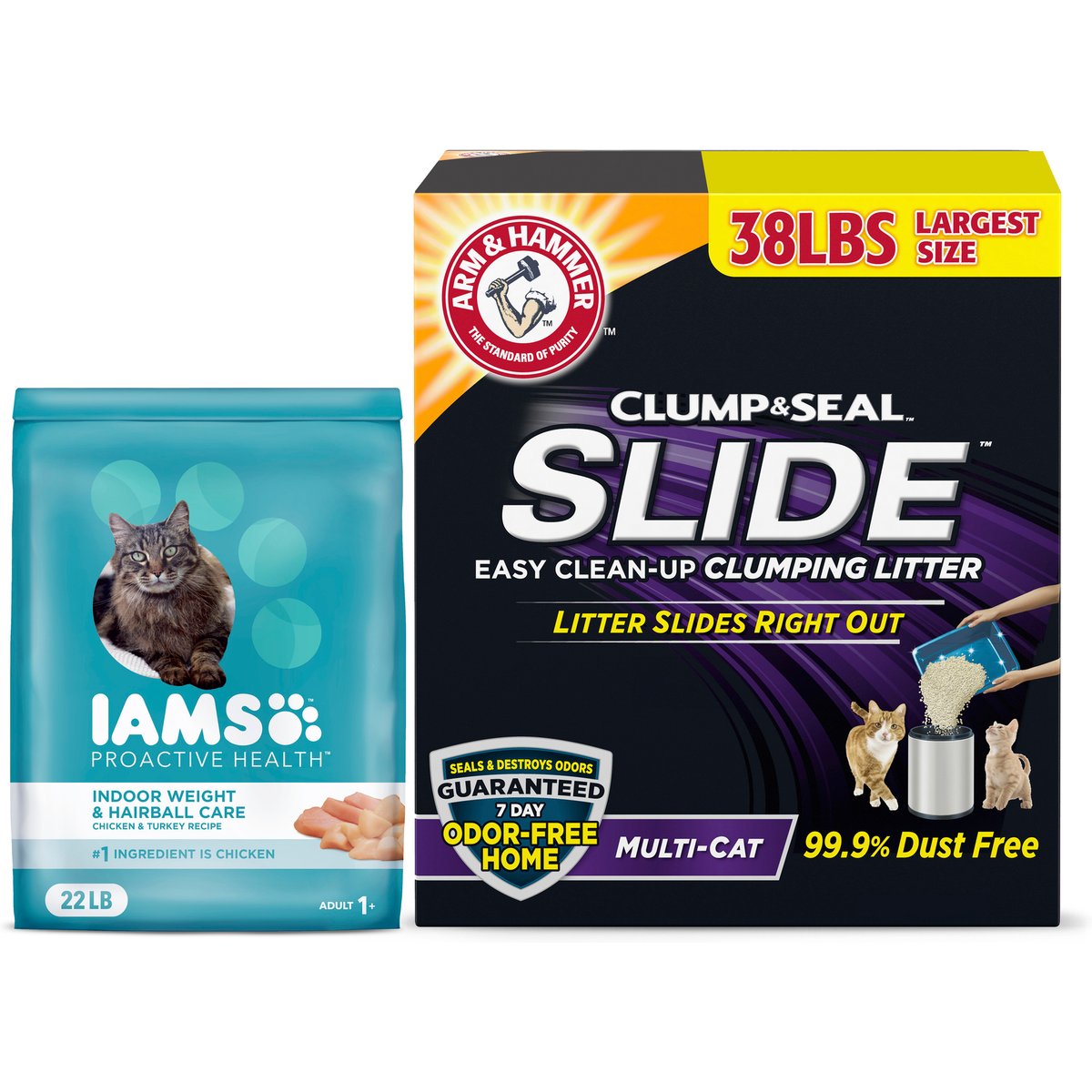 Iams Proactive Health Indoor Weight & Hairball Care Chicken & Turkey Recipe Dry Cat Food, 22-lb & Arm & Hammer Litter Slide Multi-Cat Scented Clumping Clay Cat Litter, 38-lb