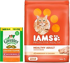 Iams ProActive Health Healthy Adult Original with Chicken Dry Cat Food, 22-lb bag + Greenies Feline SmartBites Healthy Skin & Fur Chicken Flavor Cat Treats, 4.6-oz bag