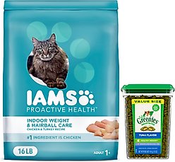Iams ProActive Health Indoor Weight & Hairball Care Dry Food, 16-lb bag + Greenies Feline Greenies Smartbites Healthy Indoor Tuna Flavored Cat Treats