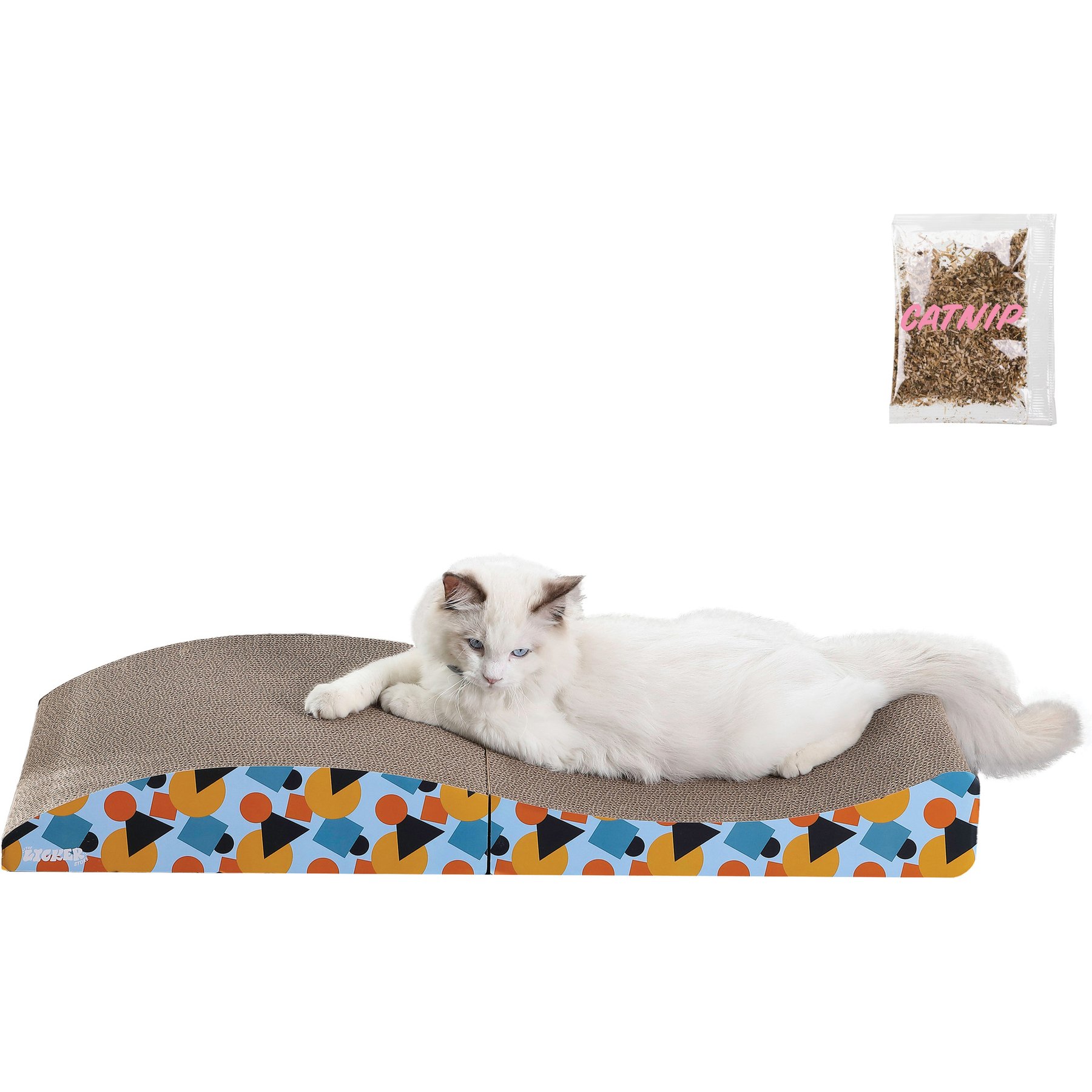THE LICKER STORE Eero Modern 32-in Cardboard Foldable Lounge Cat Scratcher with Catnip, Blue/Orange