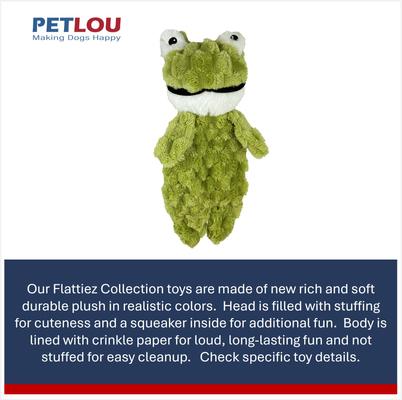 Show full view: Petlou Flattiez Fuzzy Friends Frog Squeaky Plush Dog Toy, 16-in slide 5 of 6