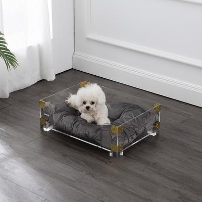 Show full view: THE LICKER STORE Haines Modern Lucite Velvet Bolster Elevated Dog & Cat Bed, Dark Gray/Clear/Brass Gold, Small/Medium: 21.5 x 15.25-in slide 7 of 9