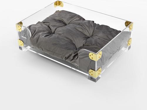 Show full view: THE LICKER STORE Haines Modern Lucite Velvet Bolster Elevated Dog & Cat Bed, Dark Gray/Clear/Brass Gold, Small/Medium: 21.5 x 15.25-in slide 9 of 9