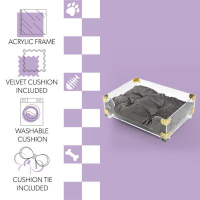 Show full view: THE LICKER STORE Haines Modern Lucite Velvet Bolster Elevated Dog & Cat Bed, Dark Gray/Clear/Brass Gold, Small/Medium: 21.5 x 15.25-in slide 3 of 9