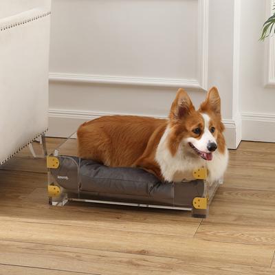 Show full view: THE LICKER STORE Haines Modern Lucite Velvet Bolster Elevated Dog & Cat Bed, Dark Gray/Clear/Brass Gold, Small/Medium: 21.5 x 15.25-in slide 6 of 9