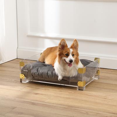Show full view: THE LICKER STORE Haines Modern Lucite Velvet Bolster Elevated Dog & Cat Bed, Dark Gray/Clear/Brass Gold, Small/Medium: 21.5 x 15.25-in slide 2 of 9