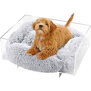 THE LICKER STORE Carole Modern Lucite Fluffy Bolster Elevated Dog & Cat Bed, Light Gray/Clear, Small/Medium, 24 x 18-in