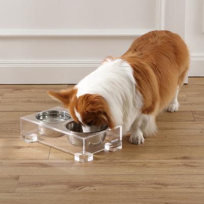 Show full view: THE LICKER STORE Billie Modern Lucite Fluffy Dog & Cat Bed, Small: 24 x 15.75-in & 4-in Stainless Steel Elevated Dog & Cat Bowls, 27-oz, Light Gray/Clear slide 7 of 9