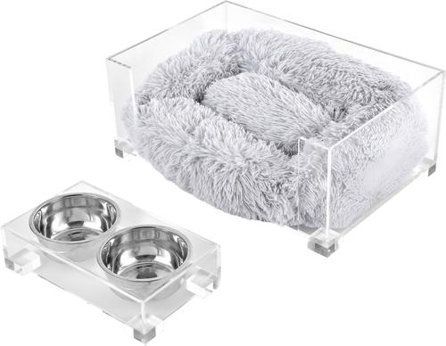Show full view: THE LICKER STORE Billie Modern Lucite Fluffy Dog & Cat Bed, Small: 24 x 15.75-in & 4-in Stainless Steel Elevated Dog & Cat Bowls, 27-oz, Light Gray/Clear slide 8 of 9