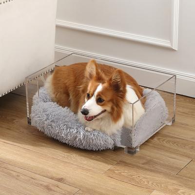 Show full view: THE LICKER STORE Billie Modern Lucite Fluffy Dog & Cat Bed, Small: 24 x 15.75-in & 4-in Stainless Steel Elevated Dog & Cat Bowls, 27-oz, Light Gray/Clear slide 6 of 9