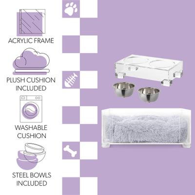 Show full view: THE LICKER STORE Billie Modern Lucite Fluffy Dog & Cat Bed, Small: 24 x 15.75-in & 4-in Stainless Steel Elevated Dog & Cat Bowls, 27-oz, Light Gray/Clear slide 3 of 9