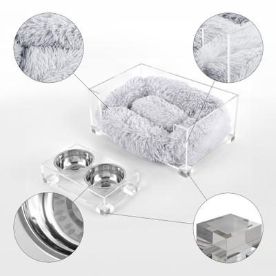Show full view: THE LICKER STORE Billie Modern Lucite Fluffy Dog & Cat Bed, Small: 24 x 15.75-in & 4-in Stainless Steel Elevated Dog & Cat Bowls, 27-oz, Light Gray/Clear slide 5 of 9