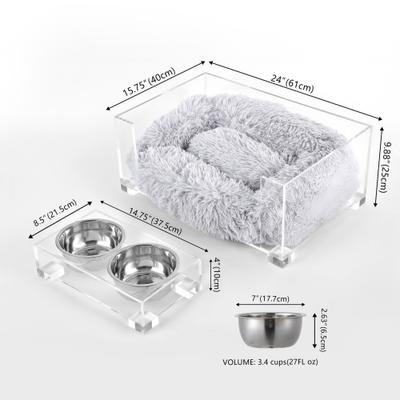 Show full view: THE LICKER STORE Billie Modern Lucite Fluffy Dog & Cat Bed, Small: 24 x 15.75-in & 4-in Stainless Steel Elevated Dog & Cat Bowls, 27-oz, Light Gray/Clear slide 4 of 9