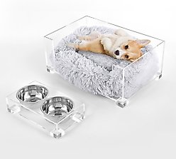 THE LICKER STORE Billie Modern Lucite Fluffy Dog & Cat Bed, Small: 24 x 15.75-in & 4-in Stainless Steel Elevated Dog & Cat Bowls, 27-oz, Light Gray/Clear