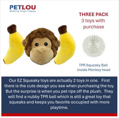 Show full view: Petlou Ez Squeaky Ball Monkey & Banana Triple Pack Squeaky Plush Dog Toy, 4-in slide 4 of 5