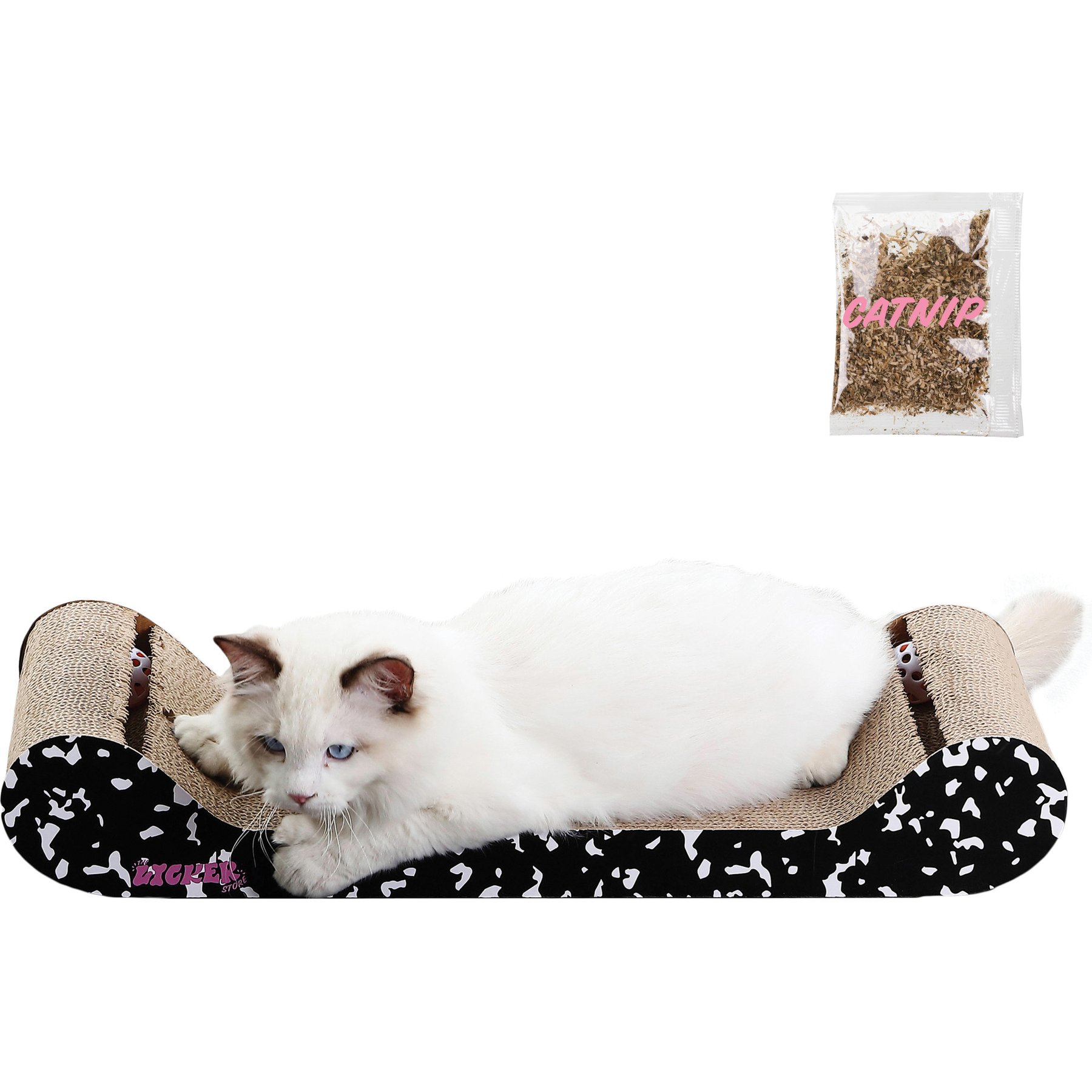 THE LICKER STORE Rini Modern 23.75-in Cardboard Lounge Bed Cat Scratcher with Built-In Bell Toys & Catnip, Black/White, 1 count