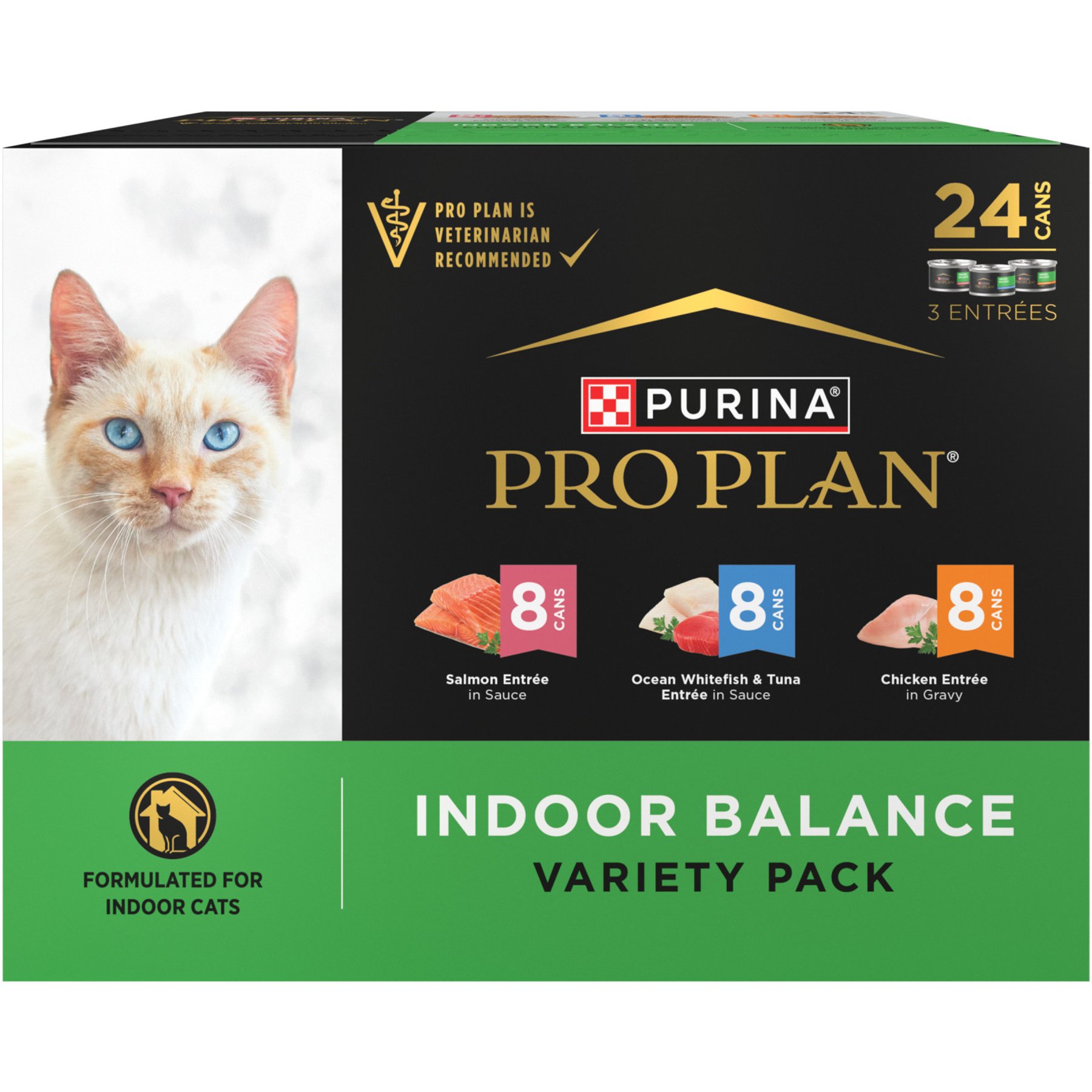 Purina Pro Plan Indoor Balance Chicken, Salmon, Whitefish & Tuna Variety Pack Wet Cat Food, 3-oz can, case of 24