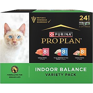 Purina Pro Plan Indoor Balance Chicken, Salmon, Whitefish & Tuna Variety Pack Wet Cat Food, 3-oz can, case of 24