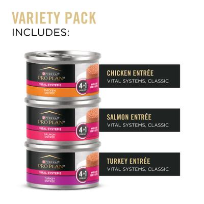 Show full view: Purina Pro Plan Vital Systems Chicken, Turkey & Salmon Entrée Variety Pack 4-in-1 Immune, Digestive, Kidney & Brain Wet Cat Food, 3-oz can, case of 24 slide 6 of 12