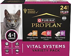 Purina Pro Plan Vital Systems Chicken, Turkey & Salmon Entrée Variety Pack 4-in-1 Immune, Digestive, Kidney & Brain Wet Cat Food, 3-oz can, case of 24