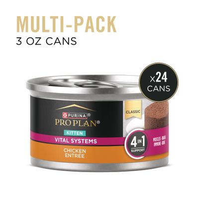 Show full view: Purina Pro Plan Vital Systems Chicken Entrée 4-in-1 Muscles, Brain, Immune & Bone Wet Kitten Food, 3-oz can, case of 24 slide 3 of 12
