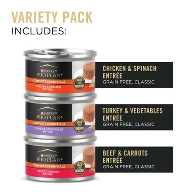 Show full view: Purina Pro Plan Complete Essentials Grain-Free Chicken, Turkey & Beef Variety Pack Wet Cat Food, 3-oz can, case of 24 slide 6 of 12