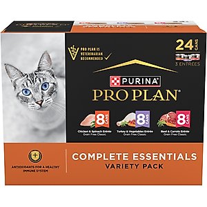 Purina Pro Plan Complete Essentials Grain-Free Chicken, Turkey & Beef Variety Pack Wet Cat Food, 3-oz can, case of 24
