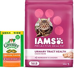 Iams ProActive Health Urinary Tract Health with Chicken Adult Dry Cat Food, 16-lb bag + Greenies Feline SmartBites Healthy Skin & Fur Chicken Flavor Cat Treats, 4.6-oz bag