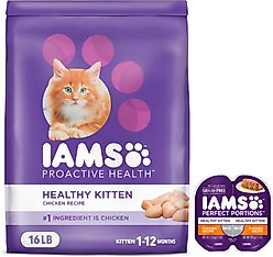 Iams ProActive Health Kitten Dry Food + Perfect Portions Healthy Kitten Chicken Recipe Pate Grain-Free Cat Food Trays