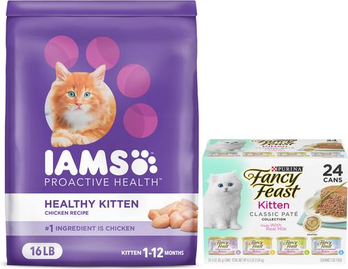 Iams Proactive Health Kitten Chicken Recipe Dry Cat Food & Fancy Feast Kitten Classic Pate Tender Poultry & Fish Variety Pack Canned Wet Cat Food