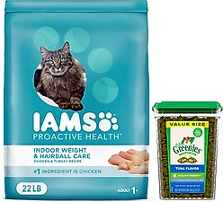 Iams ProActive Health Indoor Weight & Hairball Care Dry Food, 22-lb bag + Greenies Feline Greenies Smartbites Healthy Indoor Tuna Flavored Cat Treats