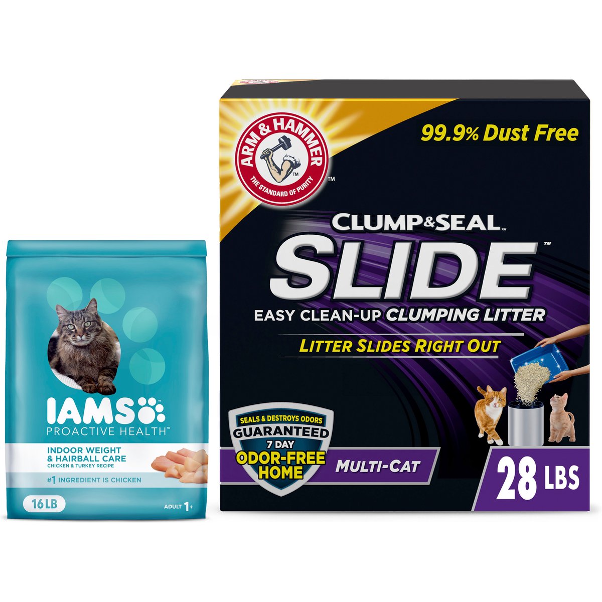 Iams Proactive Health Indoor Weight & Hairball Care Chicken, 16-lb & Turkey Recipe Dry Cat Food & Arm & Hammer Litter Slide Multi-Cat Scented Clumping Clay Cat Litter, 28-lb