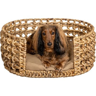 THE LICKER STORE THE LICKER STORE Gigi Modern Bohemian Handwoven Hyacinth Open-Weave Oval Dog Bed, Natural