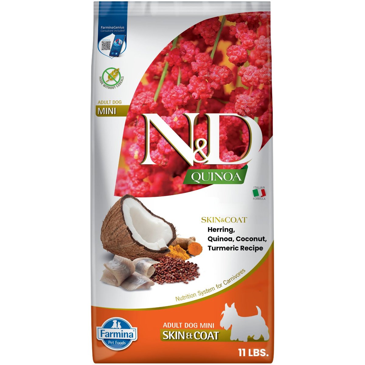 Farmina N&D Quinoa Adult Mini Skin & Coat Herring, Coconut & Turmeric Dry Dog Food, 11-lb bag