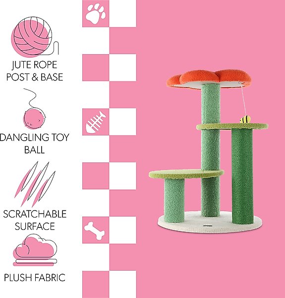 Show full view: THE LICKER STORE Poppy Modern 29-in 3-Tier Jute Flower with Dangling Toy Cat Tree, Orange/Green slide 3 of 10