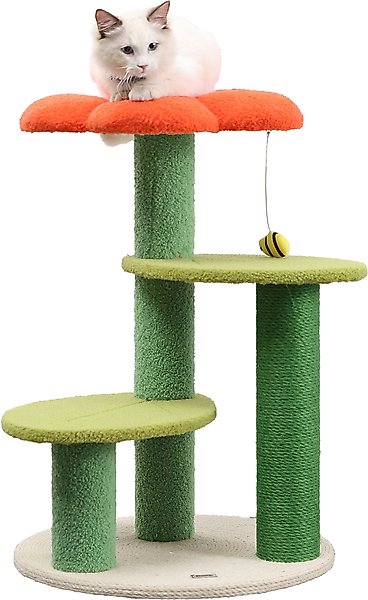Show full view: THE LICKER STORE Poppy Modern 29-in 3-Tier Jute Flower with Dangling Toy Cat Tree, Orange/Green slide 1 of 10