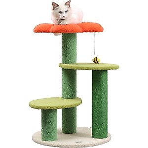 THE LICKER STORE Poppy Modern 29-in 3-Tier Jute Flower with Dangling Toy Cat Tree, Orange/Green