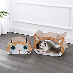 THE LICKER STORE Opal Modern Cat Head 19-in Cardboard 2-in-1 Cat Cave Scratcher with Bell Toys & Catnip, Orange/Blue slide 2 of 9