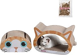 THE LICKER STORE Opal Modern Cat Head 19-in Cardboard 2-in-1 Cat Cave Scratcher with Bell Toys & Catnip, Orange/Blue