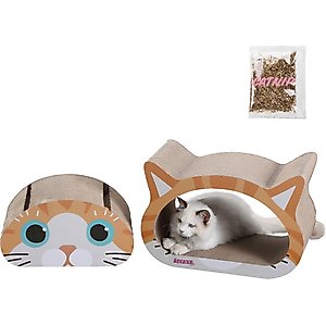 THE LICKER STORE Opal Modern Cat Head 19-in Cardboard 2-in-1 Cat Cave Scratcher with Bell Toys & Catnip, Orange/Blue