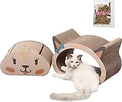 THE LICKER STORE Opal Modern Cat Head 19-in Cardboard 2-in-1 Cat Cave Scratcher with Bell Toys & Catnip, Cream/Peach