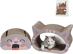 THE LICKER STORE Opal Modern Cat Head 19-in Cardboard 2-in-1 Cat Cave Scratcher with Bell Toys & Catnip, Muted Pink/Cream