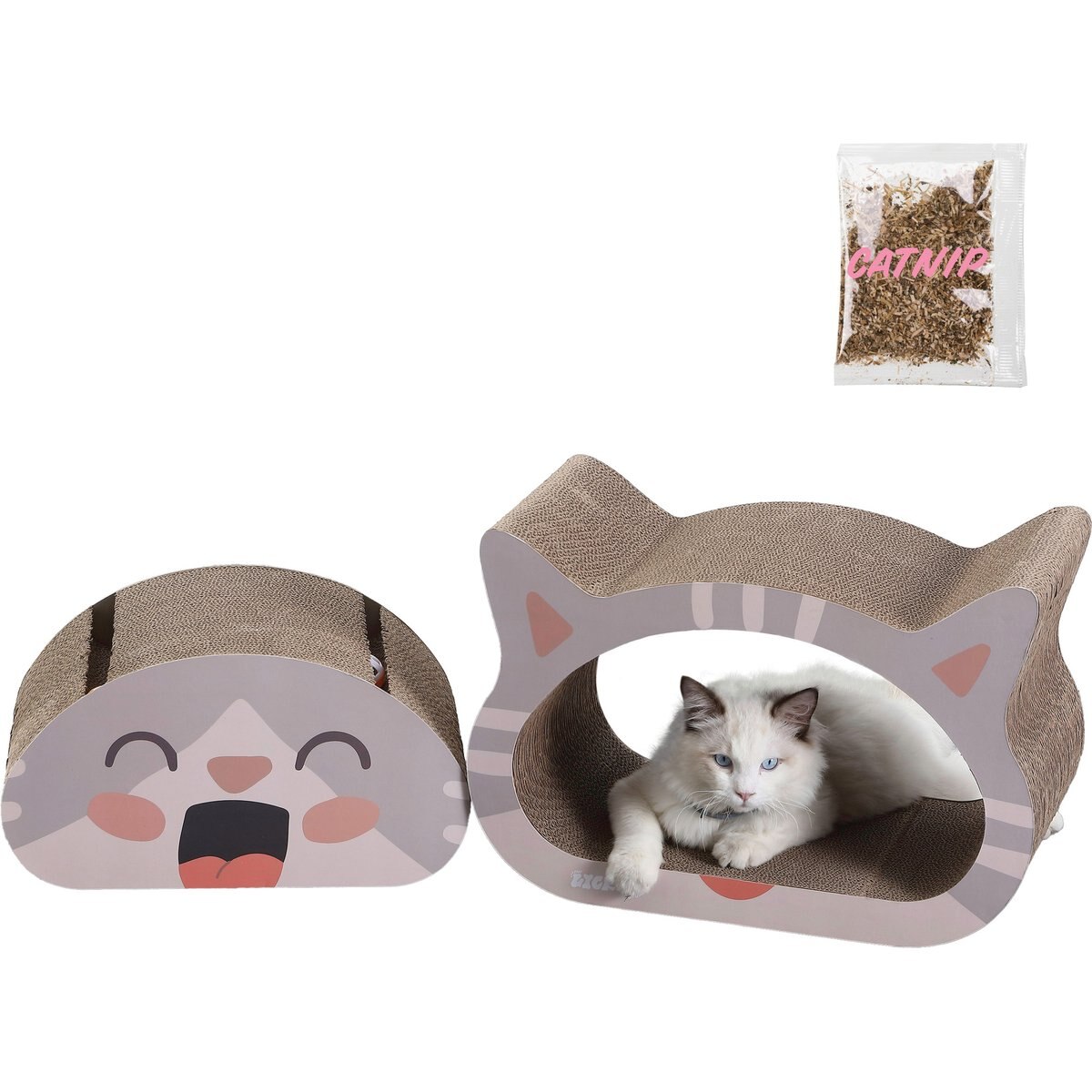 THE LICKER STORE Opal Modern Cat Head 19-in Cardboard 2-in-1 Cat Cave Scratcher with Bell Toys & Catnip, Muted Pink/Cream